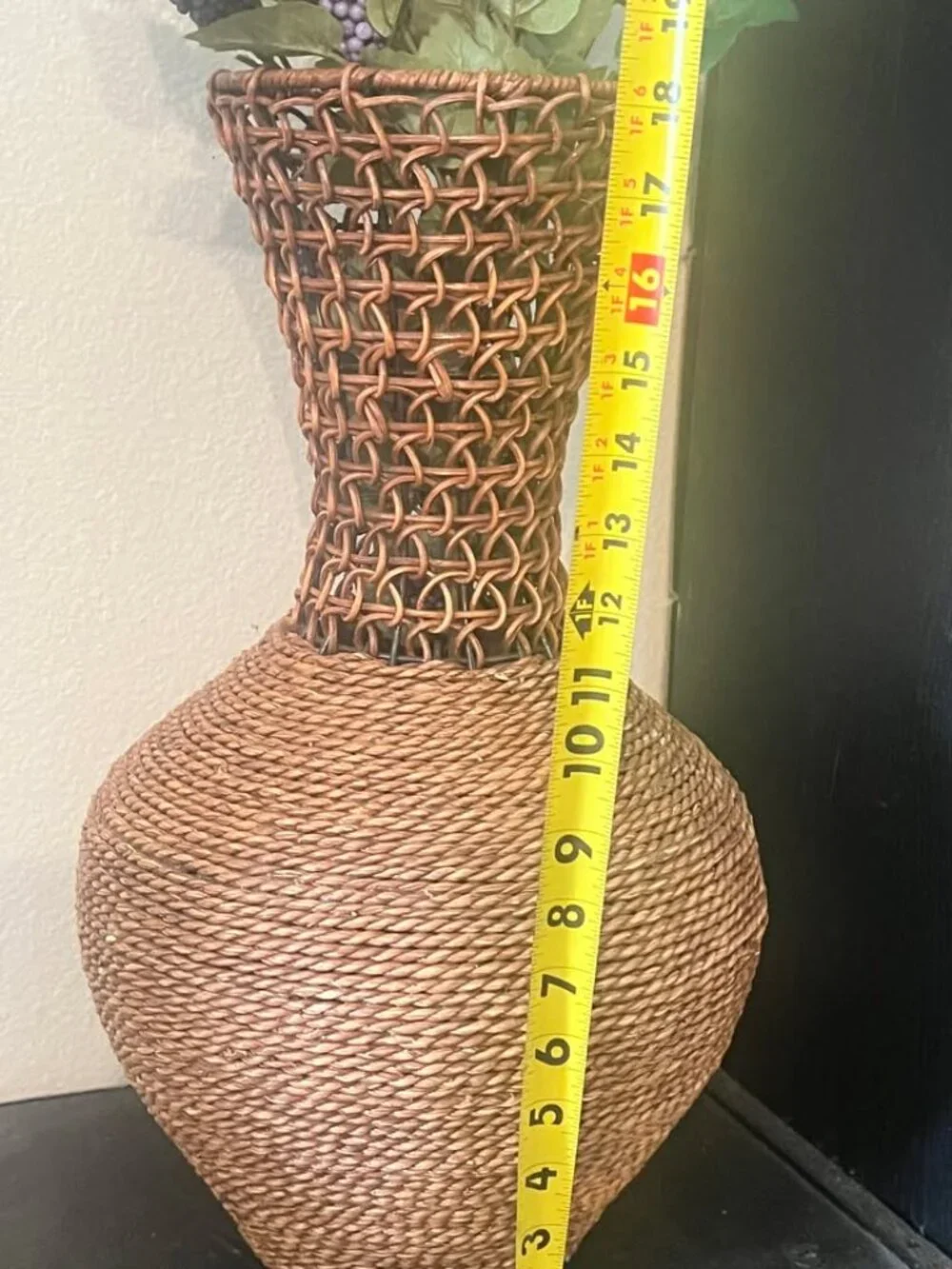 Handwoven Rope and Wicker Basket floor vase with flared neck